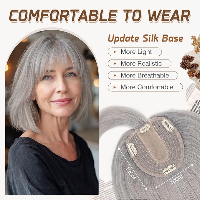 Rich Choices Real Human Hair Toppers for Women With Bang 100% Remy Human Hair Topper for Thinning Hair Clip in Silk Base Hair Topper 6 Inch G1 Grey Silver