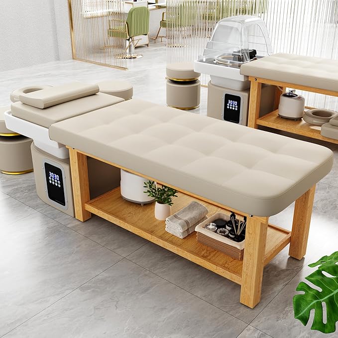 pouseayar Stationary Head Spa Massage Table with Water Cycle & Fumigation Salon Equipment for Beauty Head Spa Physical Therapy Massage, Wood Frame, Beige Gray PU Leather