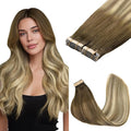GOO GOO Tape in Hair Extensions Human Hair, 3/8/613 Walnut Brown to Ash Brown and Bleach Blonde, 22inch 100g 40pcs, Skin Weft Seamless Invisible, Silky Straight with Thick Ends, Remy Human Hair