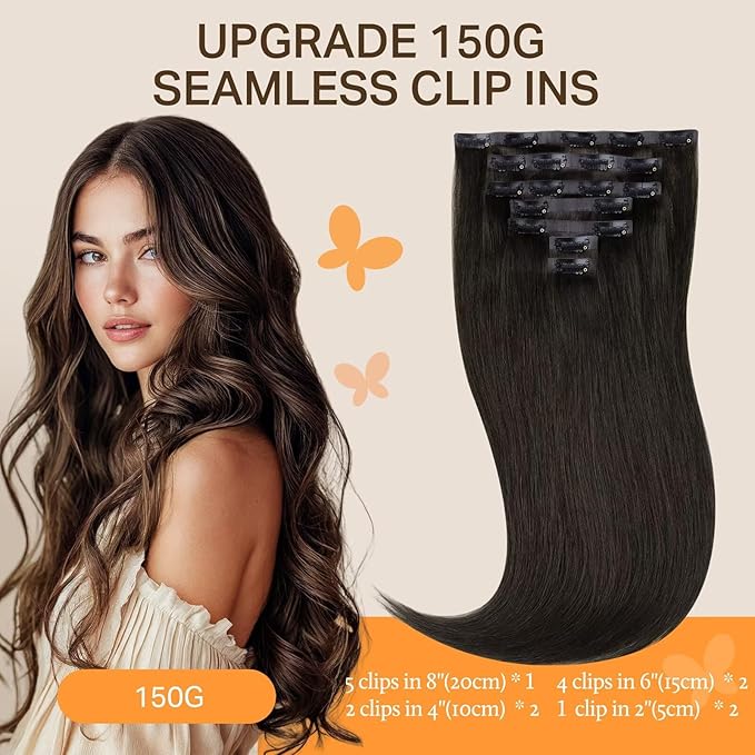 DOORES Seamless Clip in Hair Extensions, Mocha Brown 18 Inch 130g 7pcs, Human Hair Extensions Clip in Remy Human Hair Extensions Straight Thick Natural Hair Invisi Edge Hair Extensions