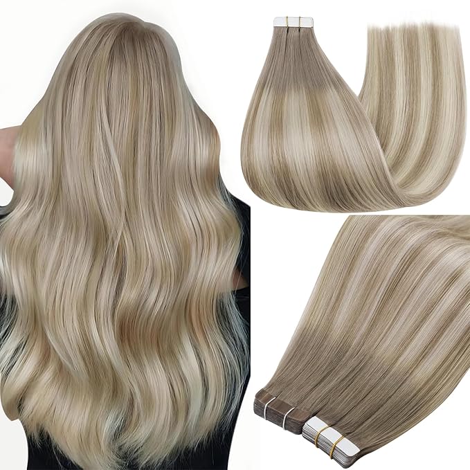 Full Shine Balayage Tape in Hair Extensions Color 19 Grey Fading to 8 Ash Brown And 60 Blonde Seamless Skin Weft Tape in Human Hair 50 Gram Straight Hair Extensions Real Human Hair 20 Pcs 16 Inch