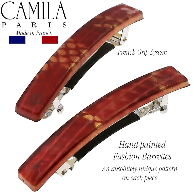 Camila Paris CP3031 French Hair Barrette Clip for Girls, Set of 2 Red Rubberized Metal Clasp Strong Hold Grip Hair Clips for Women, No Slip Durable Styling Girls Hair Accessories, Made in France