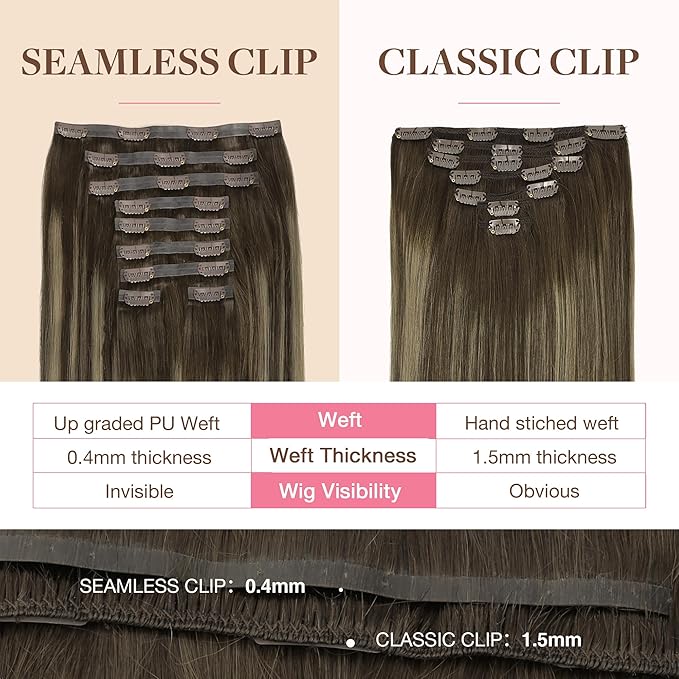GOO GOO Clip in Hair Extensions Real Human Hair, Remy Human Hair Extensions Clip ins for Women, Natural Human Hair, 14inch 130g 9Pcs, 4/26/4 Balayage Chocolate Brown to Honey Blonde