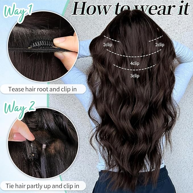KooKaStyle Clip in Synthetic Hair Extensions Long Wavy 4PCS Thick Hairpieces Chocolate Brown 33Y# Fiber Double Weft Natural Hair Extensions 20 Inch for Women