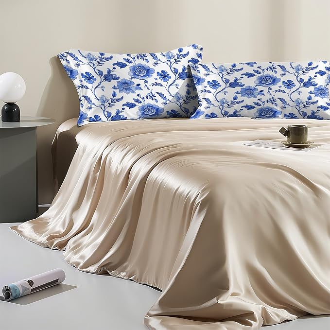 Vintage Blue Floral Satin Pillow Case Queen Size,Soft Pillowcases for Hair and Skin Similar to Silk,Pillowcases with Hidden Zipper Bedding Accessories,20X30 Inches,1 Pack