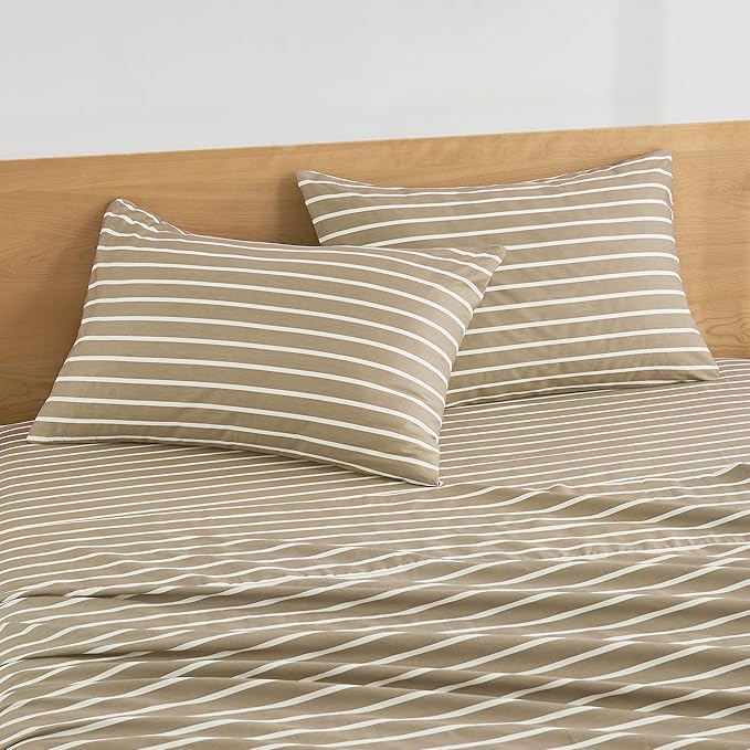 JELLYMONI 100% Natural Cotton Striped Queen Pillowcases Set, 2 Pack Khaki and White Stripes Pattern Printed Pillow Covers with Envelope Closure(Pillows are not Included)