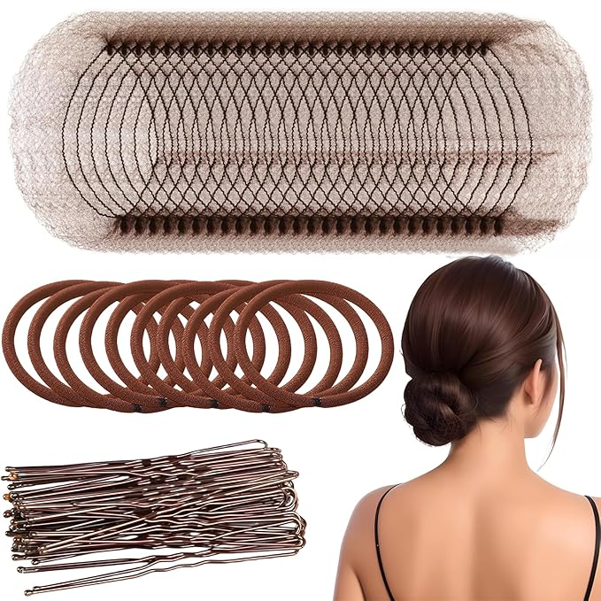 80Pcs Hair Net Set，30 Invisible Elastic Nylon Hair Net，40 U-Shaped Hair Pins and 10 Elastic Hair Ties,Perfect for Ballet Bun, Food Service, and Everyday Use（Brown）