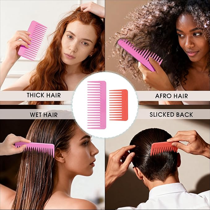 One large, one small, two-piece Wide Tooth Comb，No Handle Detangler Accessories，Large Hair Detangling Comb for Curly, Straight,Wet Dry Hair(Lavender Pink,Rose Red)