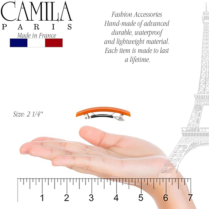 Camila Paris CP3041 French Hair Barrette Clip for Girls, Set of 2 Orange Rubberized Metal Clasp Strong Hold Grip Hair Clips for Women, No Slip Durable Styling Girls Hair Accessories, Made in France