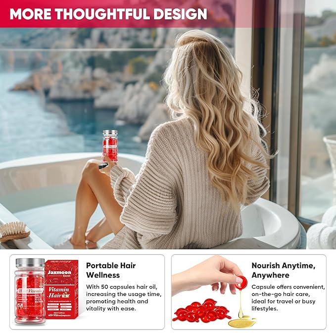 Jaxmoon Hair Treatment Serum - Bali Secret Hair Vitamin, No Rinse with Moroccan Macadamia Avocado Oils, Vitamins A C E Pro Vit B5, 50 Capsules