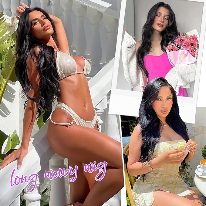 Black Wig for Women Long Wavy 4x1 Lace Natural Hairline Glueless for Beginners Middle Part Synthetic for Daily Party Use 26Inch