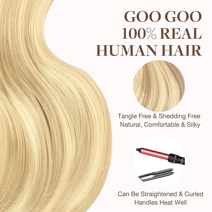 GOO GOO Tape in Hair Extensions Human Hair, 18D/22F Dirty Blonde Highlights, 20inch 30g 10pcs, Skin Weft Seamless Invisible, Silky Straight with Thick Ends, Remy Human Hair
