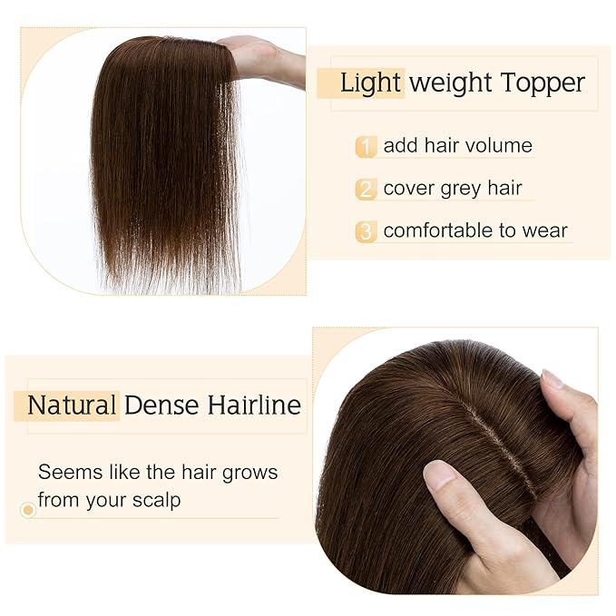 SEGO Human Hair Toppers for Women With Thinning Hair, 7 * 13CM Silk Base 100% Real Human Hair Clip in Top Wiglet Hairpieces /14 Inch No Bangs Medium Brown