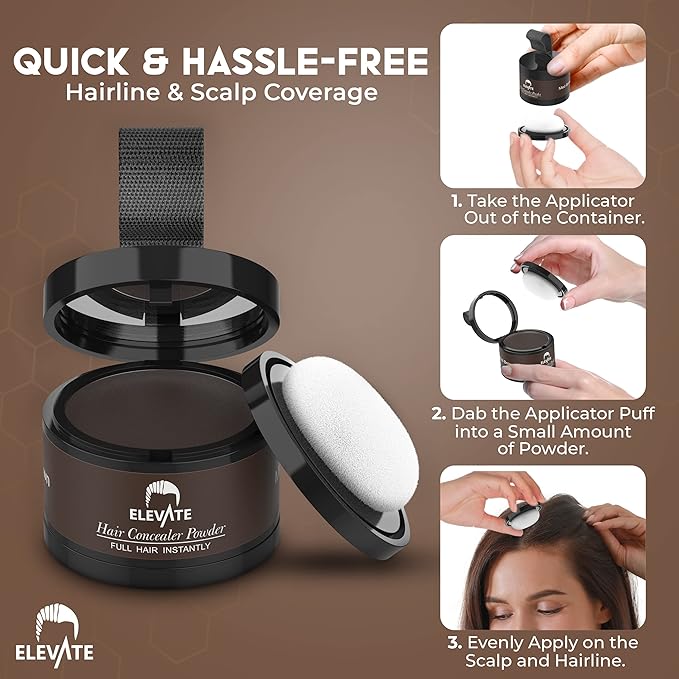 ELEVATE Hair Line Powder Instantly Conceal Hair Loss for Thinning Areas - Shadow Makeup - Root Cover Touch Up with Puff Touch - Instant Gray Coverage for Men and Women (Dark Brown)