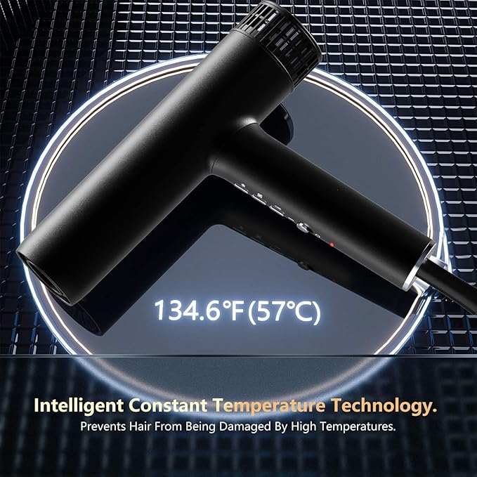 Hair Dryer, Professional Brushless Motor Ionic Hair Blow Dryer with Diffuser, Magnetic Nozzles, 0.83Pound, 2000W, 60dB, 3 Heat Settings & 3 Speed & Cold Settings, Diffuser Hair Dryer, Black