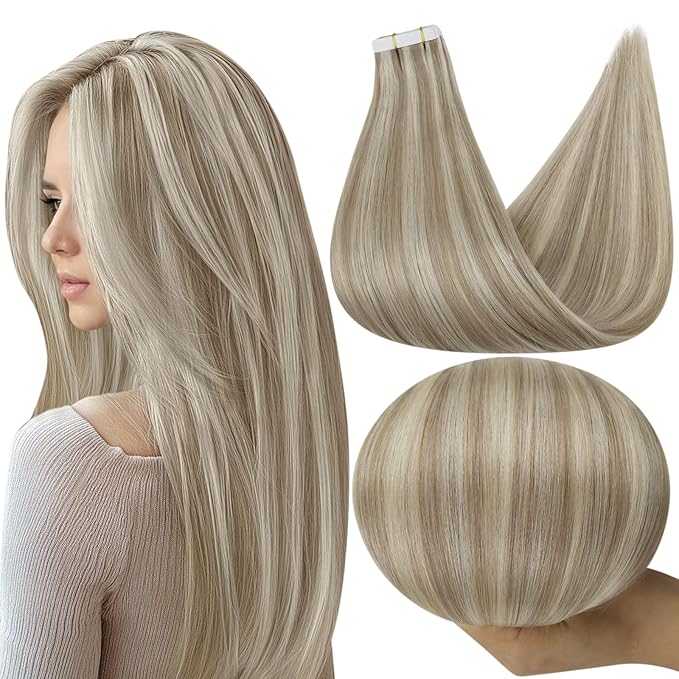Full Shine Tape in Hair Extensions Human Hair Ash Blonde Highlighted Platinum Blonde 14 Inch Tape in Hair Extensions Invisible Seamless Skin Weft Real Remy Human Hair 50G 20pcs for Wedding
