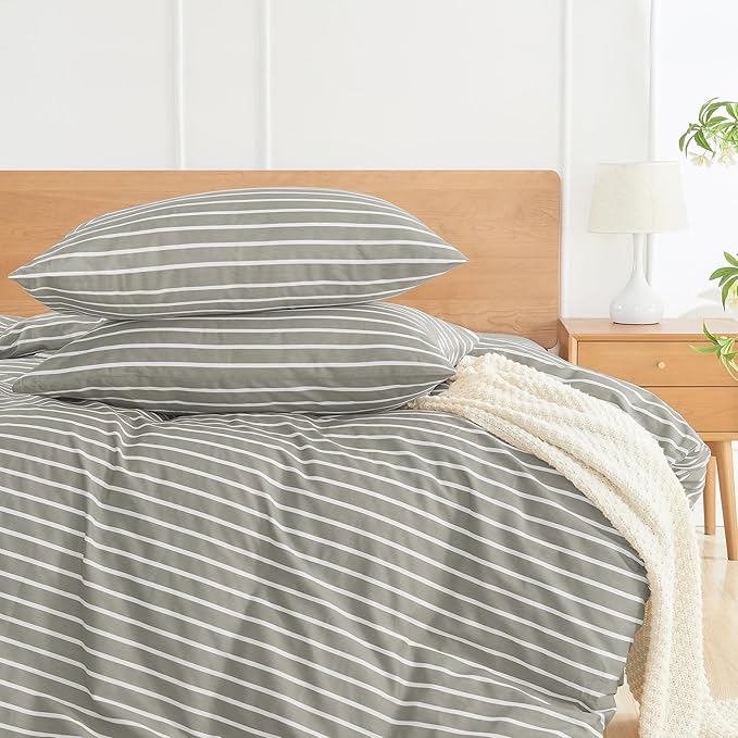 JELLYMONI 100% Natural Cotton StripedKing Pillowcases Set, 2 Pack Gray and White Stripes Pattern Printed Pillow Covers with Envelope Closure(Pillows are not Included)