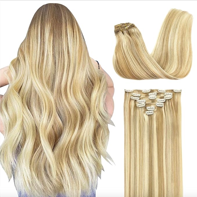GOO GOO Clip in Hair Extensions Real Human Hair, Remy Human Hair Extensions Clip ins for Women, Natural Human Hair, 24inch 170g 7Pcs, #18A/613A Dark Blonde Highlighted Bleach Blonde