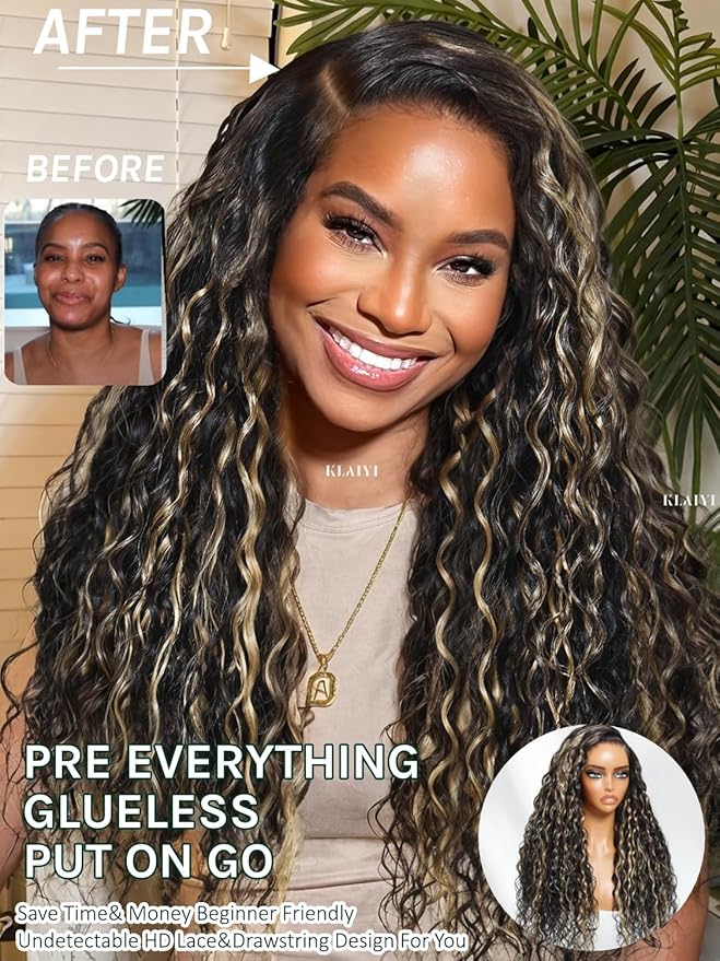 KLAIYI Ombre Highlight Blonde Water Wave Glueless Pre Everything 13x4 Lace Front Wigs Human Hair Drawstring Pre Plucked Pre Bleached Bye Bye Knots Curly Wig with Dark Roots Ready to Wear and Go 22Inch