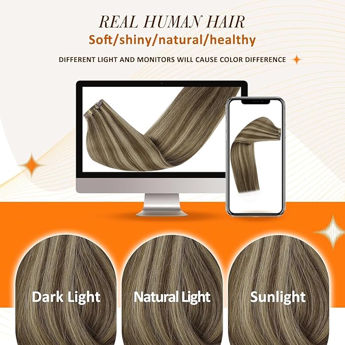 Full Shine Clip in Human Hair Extensions 16 Inch Dark Brown with Honey Blonde Highlights Straight Seamless Human Hair Clip in for Women Add Volume 8 PCS 120 G