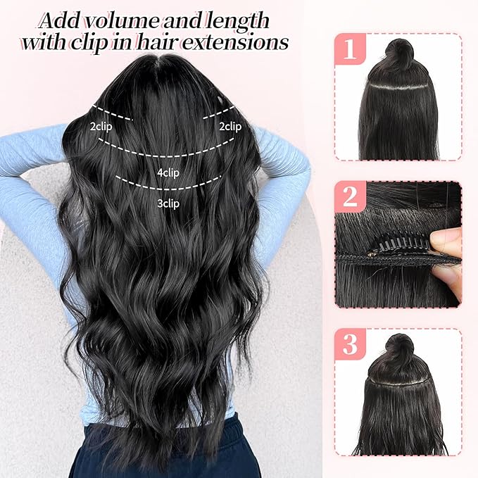 KooKaStyle Clip in Hair Extensions Long Wavy 4PCS Thick Hairpieces Synthetic Highlight Hair Extensions Black and White Mix Fiber Double Weft Natural 20Inch for Women