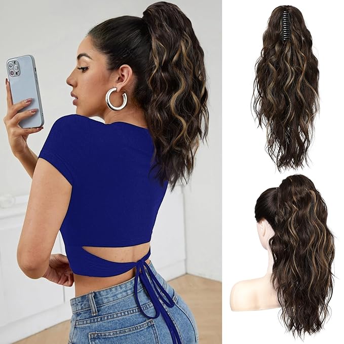 FLUFYMOOZ Ponytail Extension, 18 Inch Claw Clip Ponytail Extension, Wavy Curly Claw Clip in Ponytail Hair Extensions, Natural Fake Ponytail Synthetic Hairpiece for Women (Chocolate Brown with Blonde Highlights)