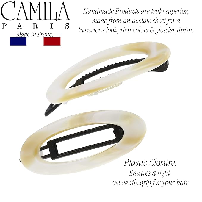 Camila Paris CP1994/2 French Hair Barrette Clip for Women, Handmade, Side Slide-in Metal-Free Closure Strong Hold Grip Hair Clips for Girls, No Slip Durable Styling Hair Accessories, Made in France