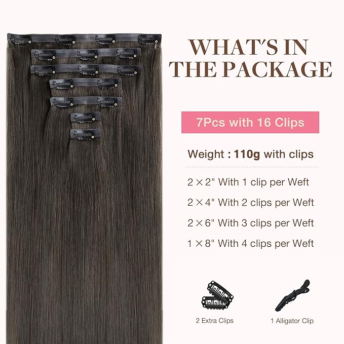 GOO GOO Clip in Hair Extensions Real Human Hair, Remy Human Hair Extensions Clip ins for Women, Natural Human Hair, 22inch 110g 7Pcs, 1C Mocha Brown