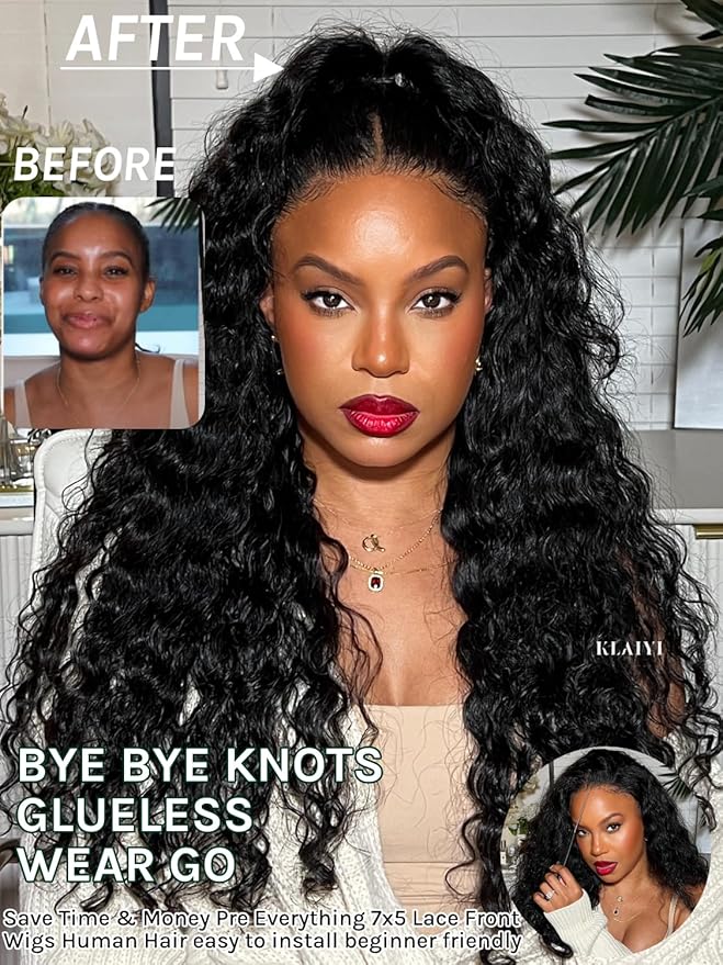 KLAIYI Bye Bye Slip™ Water Wave 7X5 Precut Lace Front Human Hair Wig Drawstring Glueless 3S Ready to Wear and Go Wig with Baby Hair Pre Plucked Bleached Bye Bye Knots Curly Wig 180%Density Full 20Inch