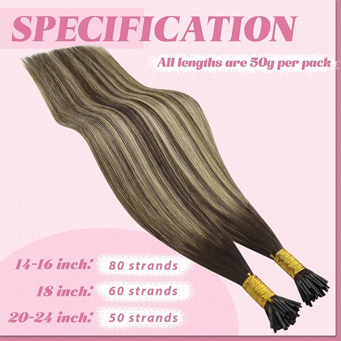 YoungSee Itip Human Hair Extensions Balayage I Tip Hair Extensions Ombre Dark Brown with Ash Blonde I Tips Hair Extension Real Human Hair 80s 50g I-Tips Extension Silky Straight 16Inch