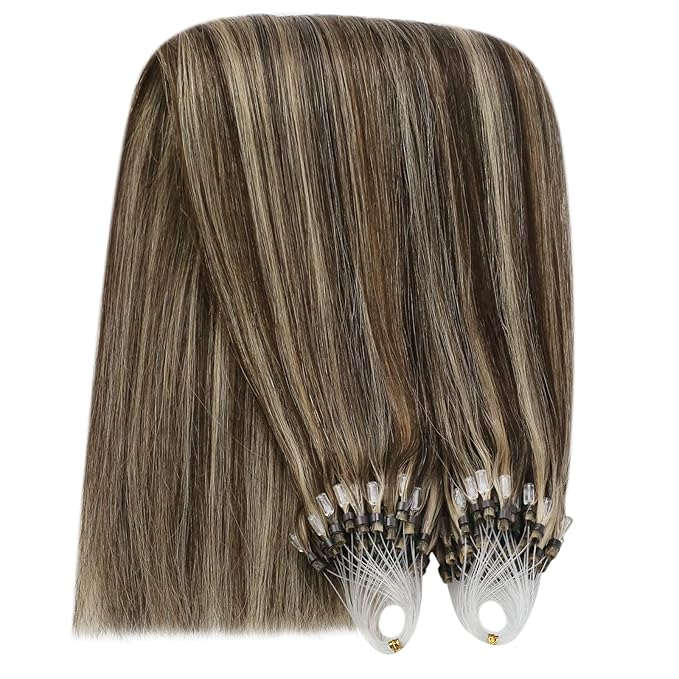 YoungSee Micro Link Hair Extensions Human Hair Brown Microbead Hair Extensions Human Hair Brown Highlight Blonde Beaded Hair Extensios 16In Micro Loop Hair Extension 50g 50s Remy Hair for Wedding