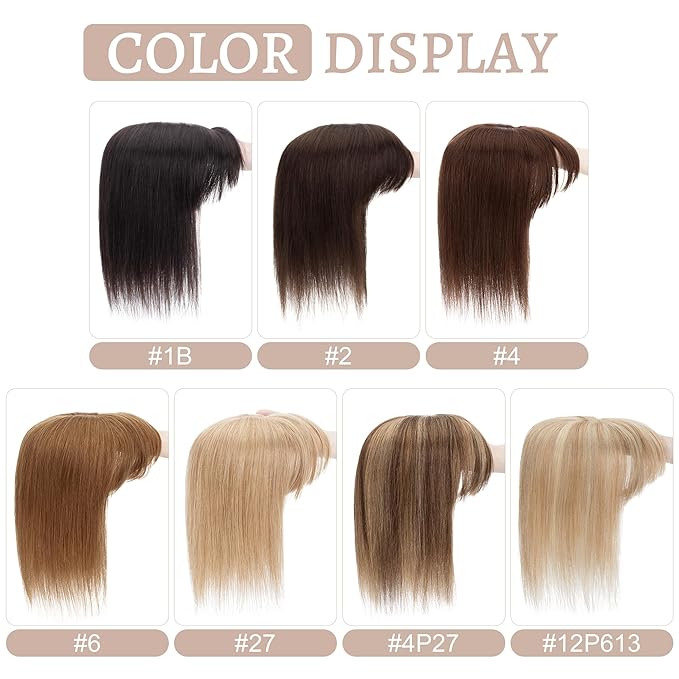 Hair Toppers for Women Real Human Hair With Bangs, 13 * 15 cm Larger Silk Base 150% Density Clip In Topper Hairpieces, Wiglet Top Pieces Add Volume -14 Inch 02 Dark Brown