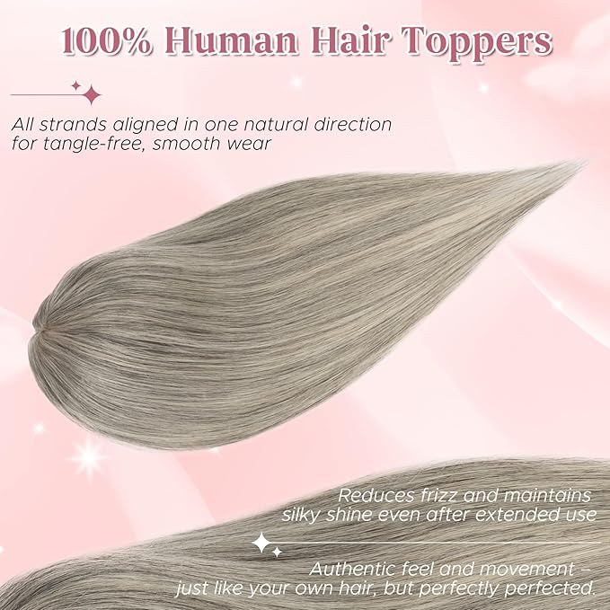 Real Human Hair Toppers for Women 3.54"*4.72" Silky Base 150% Density With Bangs Adjustable Parting Clip-In Topper Hairpieces for Women with Thinning Hair 14 Inches White Mixed Natural Black