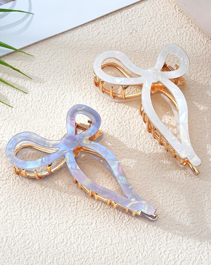 Mesovor 2 Pack Gold Metal Bow Hair Claw Clips, Nonslip 4.3" Large Hair Grip Hairclips for Thin and Thick | Acrylic Metal Strong Hold Claw Clip (Mermaid Colorful)