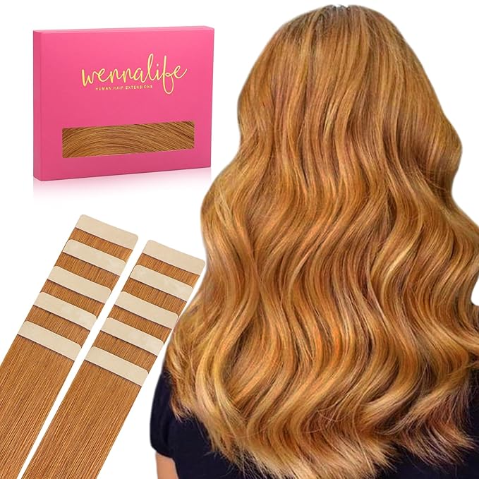 WENNALIFE Tape in Hair Extensions Human Hair Auburn Ginger Tape in Extensions, 10pcs 20g 12 inch Remy Invisible Tape Ins Straight Colored Soft Real Human Hair Tape in Extensions Refill Set Extensions
