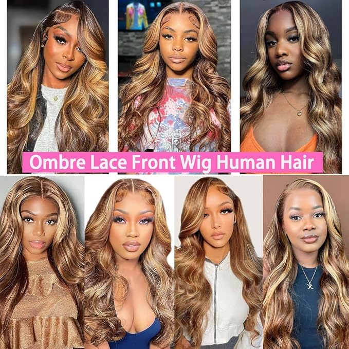 20 Inch 13x6 Lace Front Wigs Human Hair 200 Density P4/27 Highlight Ombre Body Wave HD Lace Front Wigs Human Hair Pre Plucked
