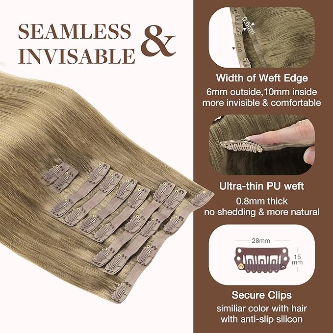 GOO GOO Clip in Hair Extensions Real Human Hair, Remy Human Hair Extensions Clip ins for Women, Natural Human Hair, 14inch 130g 9Pcs, 7 Bronde