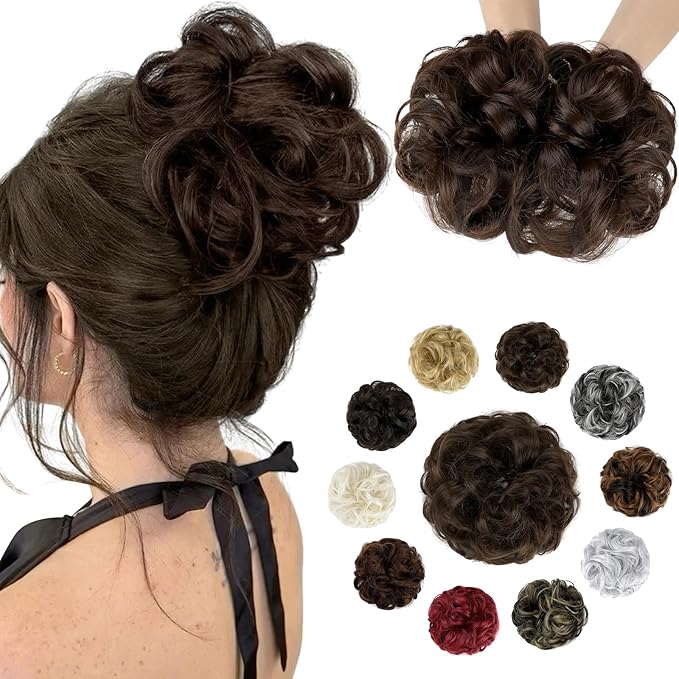 Messy Bun Hair Piece Wavy Curly Scrunchies Fluffy Donut Thick Updo Elegant Chignon Hairpieces for Women Girls, Medium Brown 1.4oz