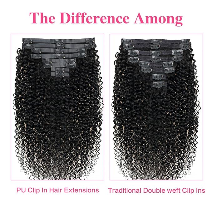 24 Inch Seamless Kinky Curly Clip Ins for Women Kinky Curly Clip on Extension Human Hair Brazilian Remy Human Hair Extensions Natural Black Clip ins 8 Pcs with 18 Clips 120g/Set
