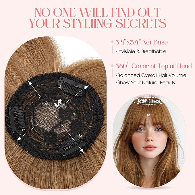 Hairro Mono Hair Toppers with Bangs, 3.4" x 3.4" Mono Base 100% Real Human Hairpieces for Women, 150% Density Clips In Topper for Greyish Thinning Hair, 16 Inch Blondish Brown