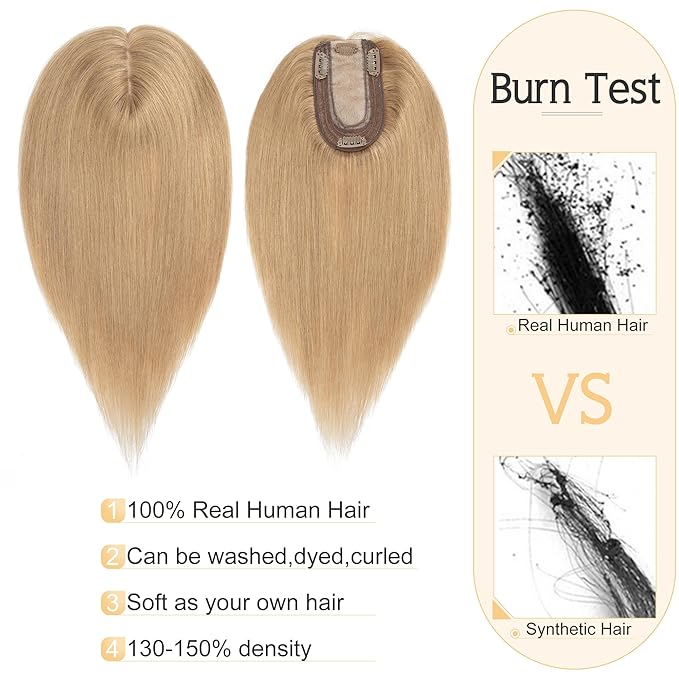 SEGO Human Hair Toppers for Women With Thinning Hair, 7 * 13CM Silk Base 100% Real Human Hair Clip in Top Wiglet Hairpieces //6 Inch No Bangs Dark Blonde