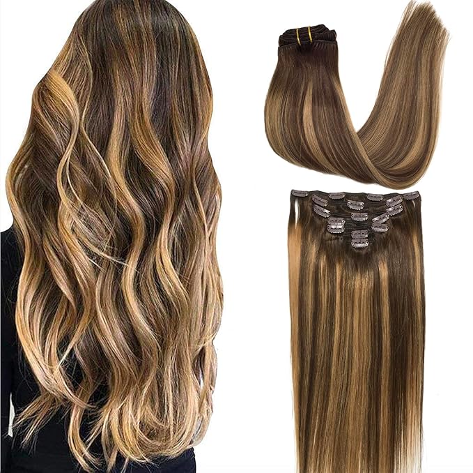 GOO GOO Clip in Hair Extensions Real Human Hair, Remy Human Hair Extensions Clip ins for Women, Natural Human Hair, 16inch 160g 7Pcs, #4/27/4 Balayage Chocolate Brown to Caramel Blonde