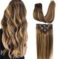 GOO GOO Clip in Hair Extensions Real Human Hair, Remy Human Hair Extensions Clip ins for Women, Natural Human Hair, 20inch 160g 7Pcs, #4/27/4 Balayage Chocolate Brown to Caramel Blonde