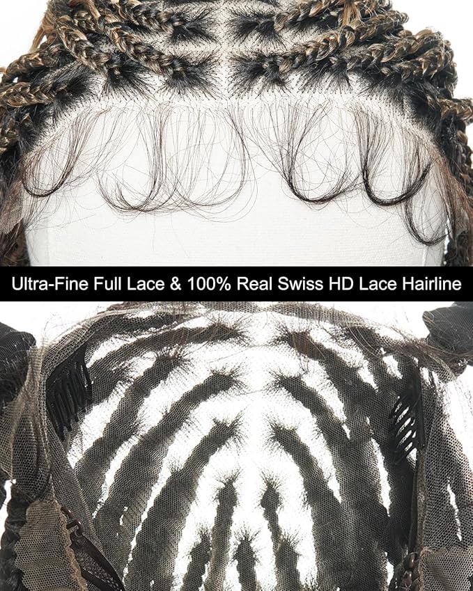 Human Hair Boho Curls Hand-Tied Full Lace Wig - 24" Small Box Braids (79 Braids) Pre-Cut Real Swiss HD Lace, Lightweight, Pre-Plucked, Knotless, Tangle-Free Boho Braided Wig | 1B/27/613