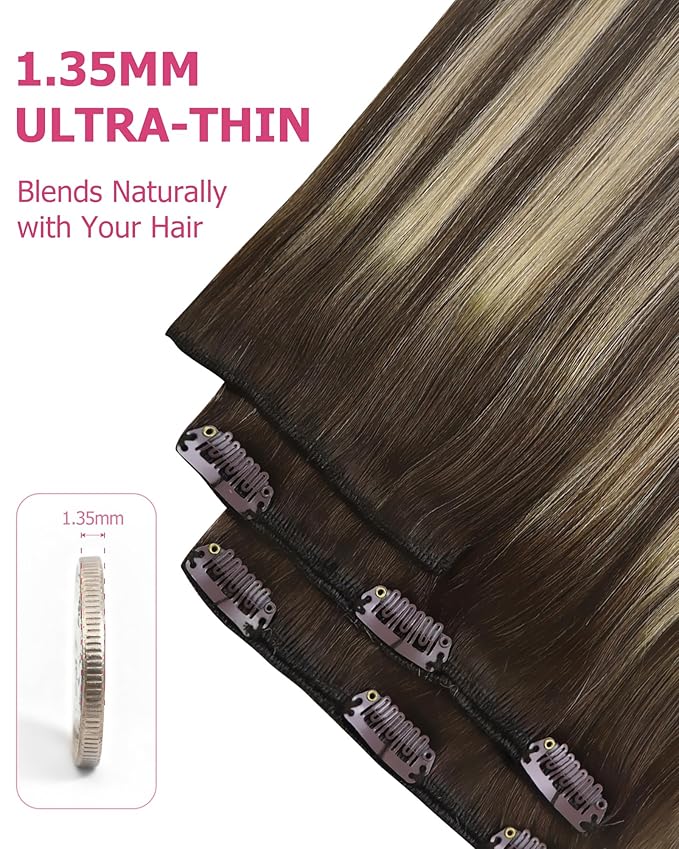 YoungSee Clip in Hair Extensions Real Human Hair Balayage Brown Clip in Real Hair Extensions Chocolate Brown with Ash Blonde Balayage Clip Extension Silky Straight for Women 18In 120G 7Pcs