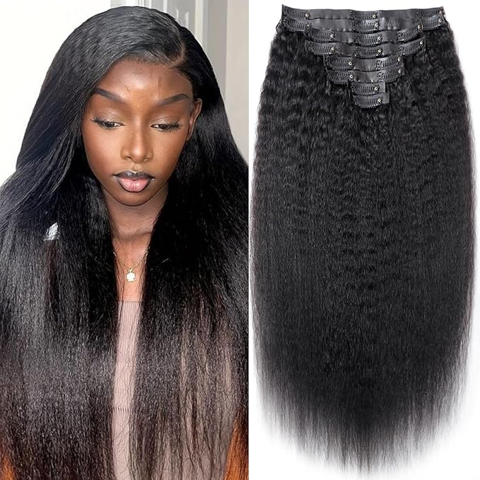 24 Inch Seamless Kinky Straight Clip Ins Hair Extensions PU Weft Kinky Straight Clip In Hair Extensions Real Human Hair Extensions 8pcs with 18Clips Per Set 120g