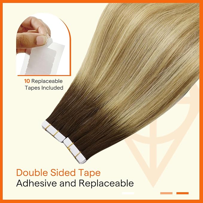 Full Shine Invisible Virgin Tape in Hair Extensions Color 3/8/22 Dark Brown Roots Fading to Brown And Blonde 12Inch Seamless Remy Hair Tape in Extensions Double Sided Skin Weft Natural 20 PCS 30 Gram