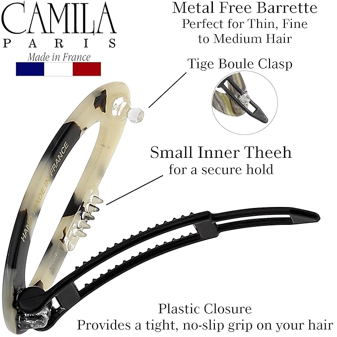 Camila Paris CP1992/2 French Hair Barrette Clip for Women, Handmade, Side Slide-in Metal-Free Closure, Strong Hold Grip Hair Clips for Girls, No Slip Durable Styling Hair Accessories, Made in France