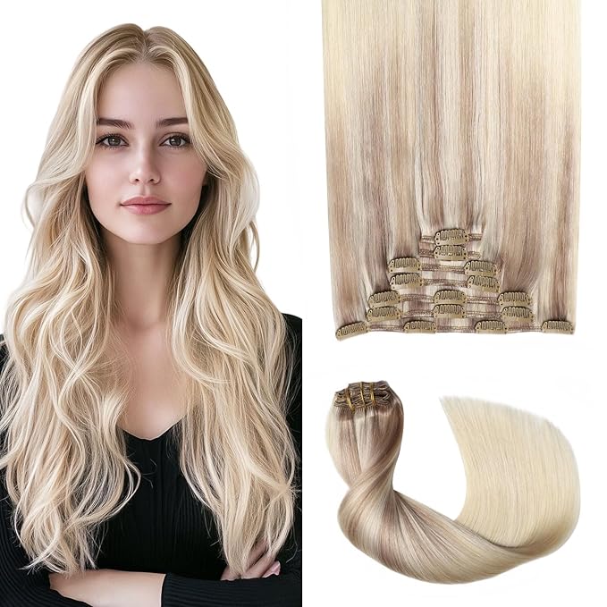 Pro2.0 Clip in Hair Extensions Real Human Hair 20inch 7pcs #18/22/60 Balayage Ash Blonde to Golden Blonde and Platinum Blonde Real Human Hair Extensions Clip ins 120g Thick（#18/22/60-20inch）