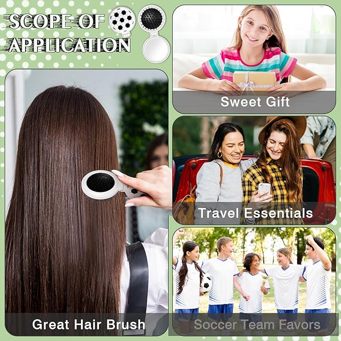 12 Pcs Soccer Mini Detangler Brush, Folding Mirror Hair Brushes, Mini Travel Hair Brush, No Tangle Soft Flexible Bristles for Straight, Curly, Thick Hair for Soccer Team Gift Sport Party